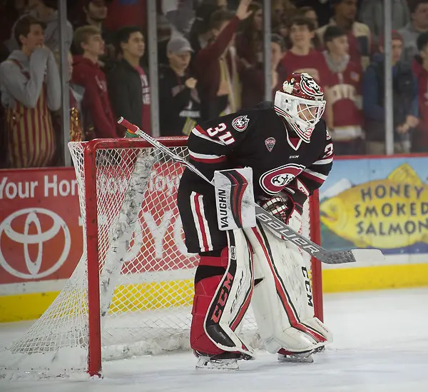 Dávid Hrenák of St. Cloud State. St. Cloud State at Denver, Magness Arena, 11/11/17. (Candace Horgan)