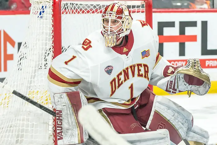 Devin Cooley (Denver-1) 2019 March 23 Denver and Colorado College meet in the 3rd place game of the NCHC  Frozen Face Off at the Xcel Energy Center in St. Paul, MN (Bradley K. Olson)