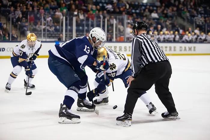 during Big Ten action between University of Notre Dame vs Penn State at Compton Family Ice Arena on December 13, 2019 in South Bend, Indiana. (Mike Miller/Fighting Irish Media)