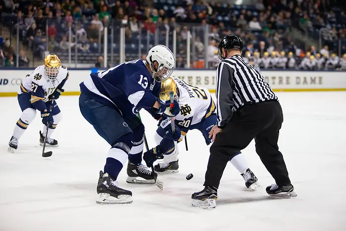 Photo By: Mike Miller/Fighting Irish Media during Big Ten action between University of Notre Dame vs Penn State at Compton Family Ice Arena on December 13, 2019 in South Bend, Indiana. (Mike Miller/Fighting Irish Media)