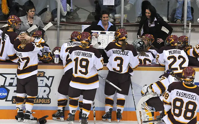 Minnesota-Duluth coach Shannon Miller diagrams a play. (Brett Groehler)