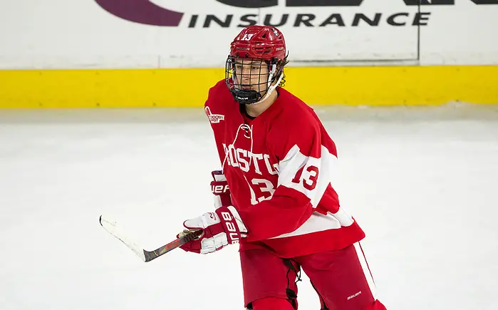 LOWELL, MA - OCTOBER 25: Trevor Zegras #13 of the Boston University Terriers. The UMass-Lowell River Hawks play host to the Boston University Terriers during NCAA men's hockey at the Tsongas Center on October 24, 2019 in Lowell, Massachusetts. (Photo by Rich Gagnon) (Rich Gagnon)