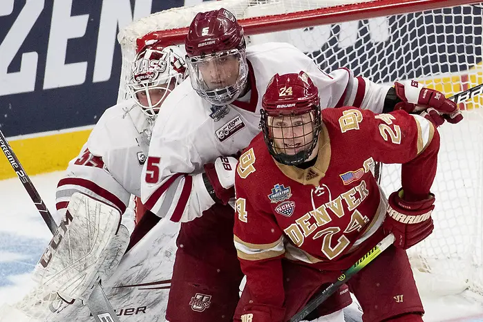 11 Apr 19: The University of Massachusetts Minutemen play against the Denver University Pioneer in a national semifinal of the 2019 NCAA Division I Men's Frozen Four at the KeyBank Center in Buffalo, NY. (Jim Rosvold)
