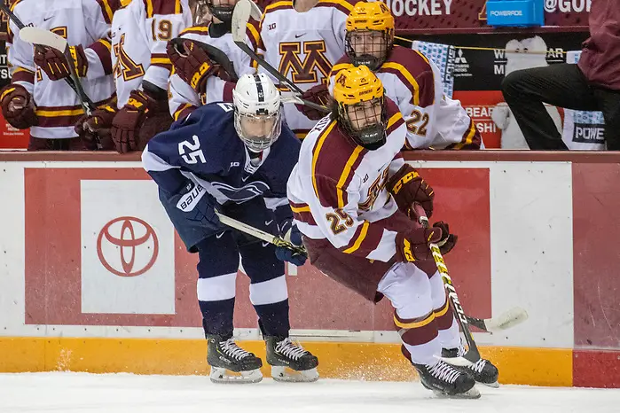 Denis Smirnov (Penn State - 25), Jack Perbix (Minnesota - 25) 15 Nov 19: The University of Minnesota Golden Gopher host the Penn State Nittany Lions in a B1G matchup at 3M Arena at Mariucci in Minneapolis, MN. (Jim Rosvold)