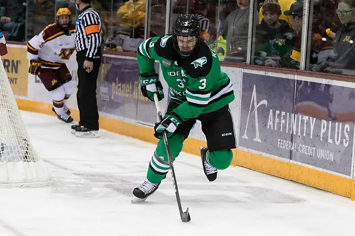 28 Nov 19: Matt Kiersted (North Dakota - 3) The University of Minnesota Golden Gopher host the University of North Dakota Fighting Hawks in a non-conference matchup at 3M Arena at Mariucci in Minneapolis, MN. (Jim Rosvold)