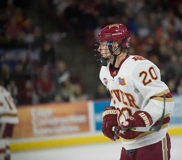 Emilio Pettersen of Denver, Colorado College at Denver at Magness Arena, Jan. 19, 2019 (Candace Horgan)