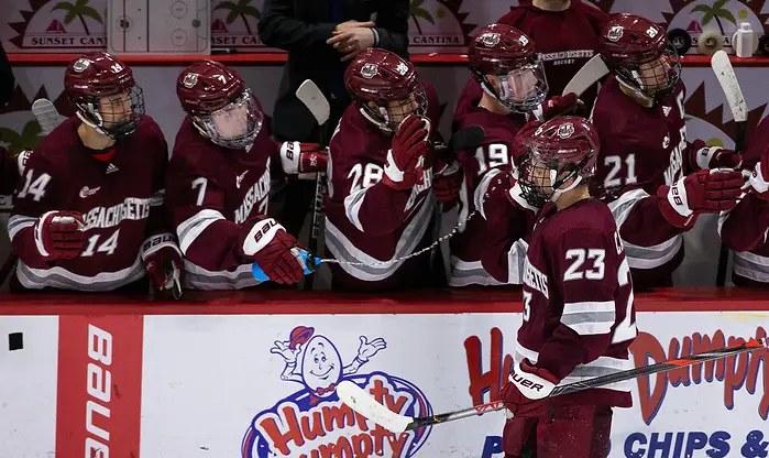 BOSTON, MA - NOVEMBER 15: Gianfranco Cassaro #23 of the Massachusetts Minutemen. The Massachusetts Minutemen play against the Boston University Terriers during NCAA men's hockey at the Agganis Arena on November 15, 2019 in Boston, Massachusetts. The Terriers won 4-3. (Photo by Rich Gagnon/USCHO) (Richard T Gagnon)