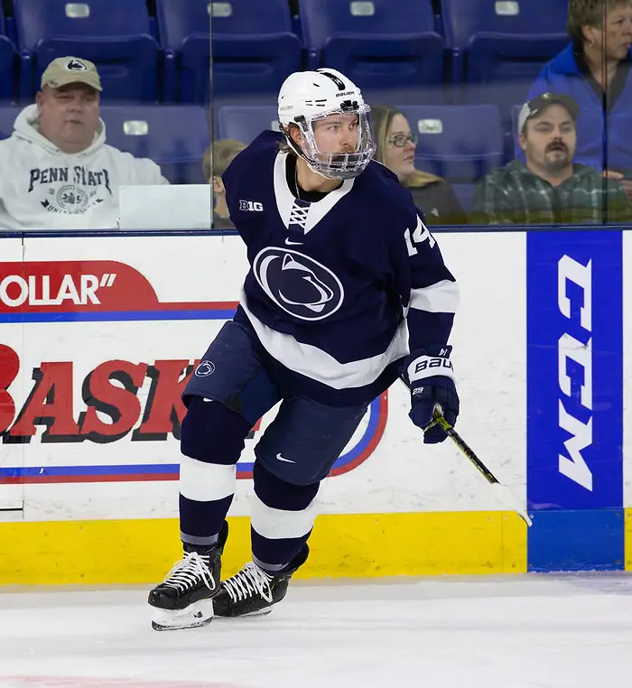 LOWELL, MA - NOVEMBER 30: Nate Sucese #14 of the Penn State Nittany Lions skates against the Massachusetts Lowell River Hawks during NCAA men's hockey at the Tsongas Center on November 30, 2019 in Lowell, Massachusetts. The River Hawks won 3-2 in overtime. (Photo by Rich Gagnon/USCHO) (Rich Gagnon)