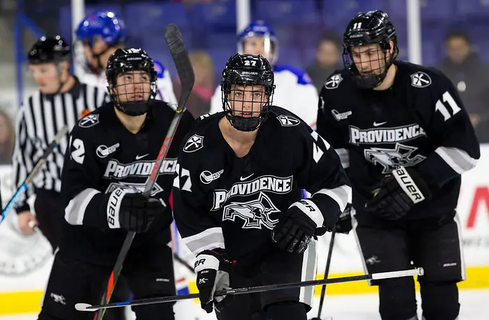 LOWELL, MA - DECEMBER 7: Tyce Thompson #27 of the Providence College Friars. NCAA men's hockey at the Tsongas Center between the UMass-Lowell River Hawks and the Providence College Friars on December 7, 2019 in Lowell, Massachusetts. The Friars won 4-1. (Photo by Rich Gagnon/USCHO) (Rich Gagnon)