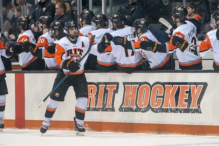 Shawn Cameron (15 - RIT) celebrates a third period goal (2020 Omar Phillips)