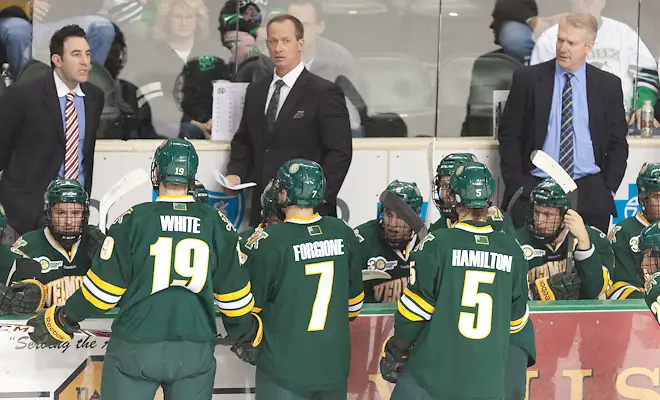 12 Oct. 13: The University of North Dakota host the University of Vermont Catamounts in a nonconference match-up at the Ralph Engelsted Arena in Grand Forks, ND (Coaching Staff-Vermont) (BRADLEY K. OLSON)