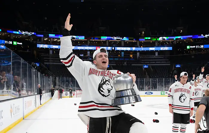 BOSTON, MA - FEBRUARY 10: The Boston University Terriers play the Northeastern Huskies during NCAA hockey in championship game of the annual Beanpot Hockey Tournament at TD Garden on February 10, 2020 in Boston, Massachusetts. (Photo by Rich Gagnon/Boston University Athletics) (Rich Gagnon)