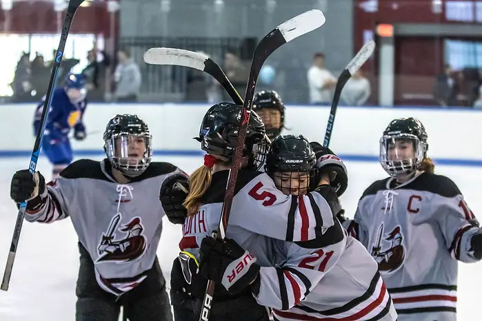 Manhattanville players celebrate another goal in the team's 7-1 win over Lebannon Valley (Manhattanville  Athletics)