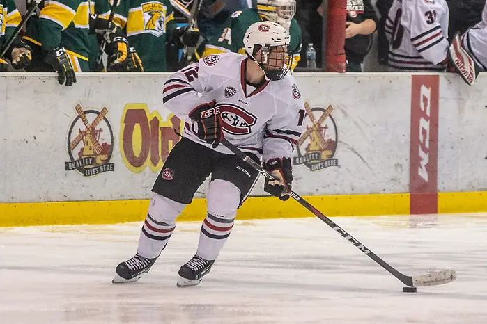19 Oct 18:  Jack Ahcan (St. Cloud - 12). The St. Cloud State University Huskies host the Northern Michigan University Wildcats in a non-conference matchup at the Herb Brooks National Hockey Center in St. Cloud, MN. (Jim Rosvold)