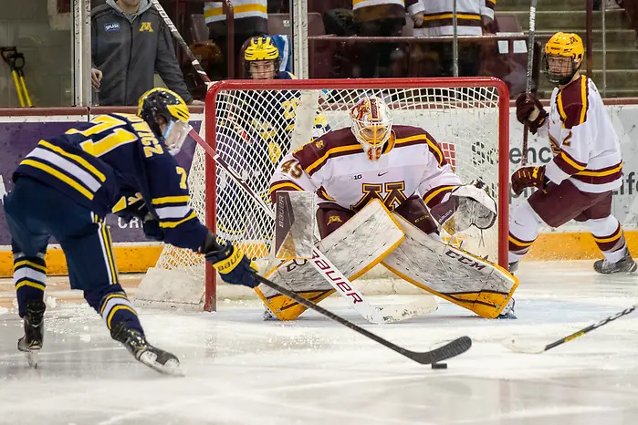 Michigan vs Minnesota 29 Feb 20: The University of Minnesota Golden Gopher host the University of Michigan Wolverines in a B1G matchup at 3M Arena at Mariucci in Minneapolis, MN. (Jim Rosvold)