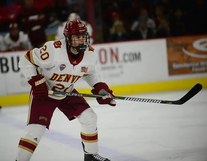 Emilio Pettersen of Denver, Providence at Denver at Magness Arena, Nov. 24, 2018 (Candace Horgan)