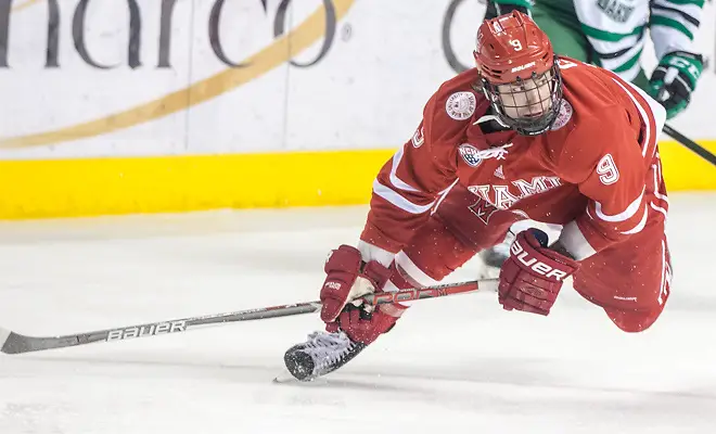 Gordie Green (Miami of Ohio-9) 17 Jan.14 Miami of Ohio Redhawks and University of North Dakota meet in a NCHC conference match-up at the Engelsted Arena Grand Forks, ND (Bradley K. Olson)