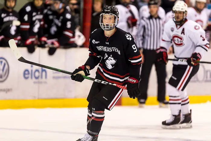 Tyler Madden (NORTHEASTERN-9) 2019 October 26 Northeastern and St. Cloud State University meet in non conference game at the Herb Brooks National Hockey Center in St. Cloud, MN (Bradley K. Olson)