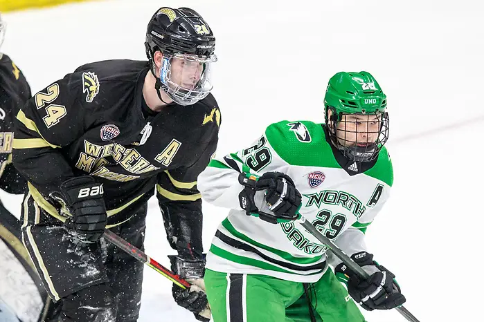 Jordan Kawaguchi (North Dakota-29) Mattias Samuelsson (Western Michigan-24) Ben Blacker (Western Michigan-33) 2020 February 29 Western Michigan and the University of North Dakota meet in a NCHC contest in Grand Forks, ND (Bradley K. Olson)