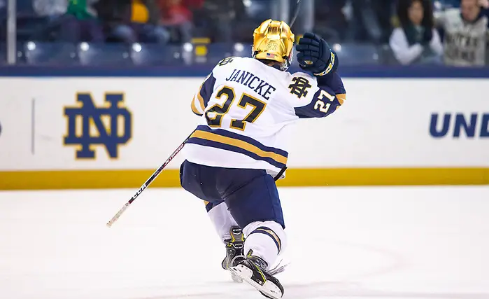 during game action between University of Notre Dame vs Ohio State University at Compton Family Ice Arena on November 8, 2019 in South Bend, Indiana. (Mike Miller/Fighting Irish Media)