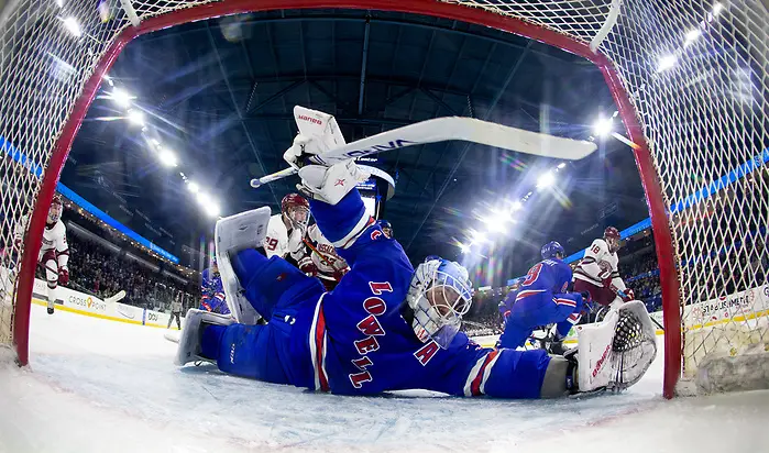 LOWELL, MA - FEBRUARY 21: The UMass Lowell River Hawks play host to the UMass Minutemen during NCAA men's hockey at the Tsongas Center on February 21, 2020 in Lowell, Massachusetts. (Photo by Rich Gagnon/UMass Lowell Athletics) (Rich Gagnon)