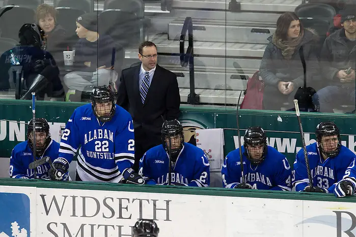 Photo By: Jim Rosvold/USCHO.com 9 Jan 15: Mike Corbett (Alabama-Huntsville - Head Coach). The Bemidji State University Beavers host the University of Alabama-Huntsville Chargers in a WCHA conference matchup at the Sanford Center in Bemidji, MN. (Jim Rosvold/USCHO.com)