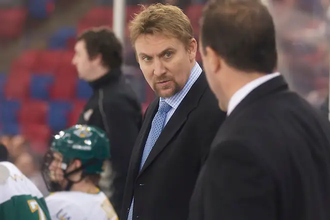 25 Nov 11: Dave Shyiak (Alaska Anchorage Head Coach)  The Minnesota State Mavericks host the University of Alaska Anchorge Seawolves in a WCHA conference match-up at Verizon Wireless Center in Mankato, MN (Jim Rosvold)