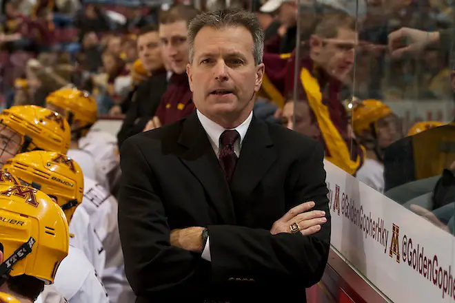 18 Feb 12: Minnesota Head Coach Don Lucia. The University of Minnesota Golden Gophers host the Bemidji State University Beavers in a WCHA matchup at Mariucci Arena in Minneapolis, MN. (Jim Rosvold)