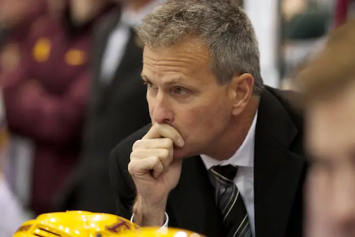 25 Oct 13: Don Lucia (Head Coach) The University of Minnesota Golden Gophers host the Boston College Eagles in a non-conference matchup at Maruicci Arena in Minneapolis, MN (Jim Rosvold)