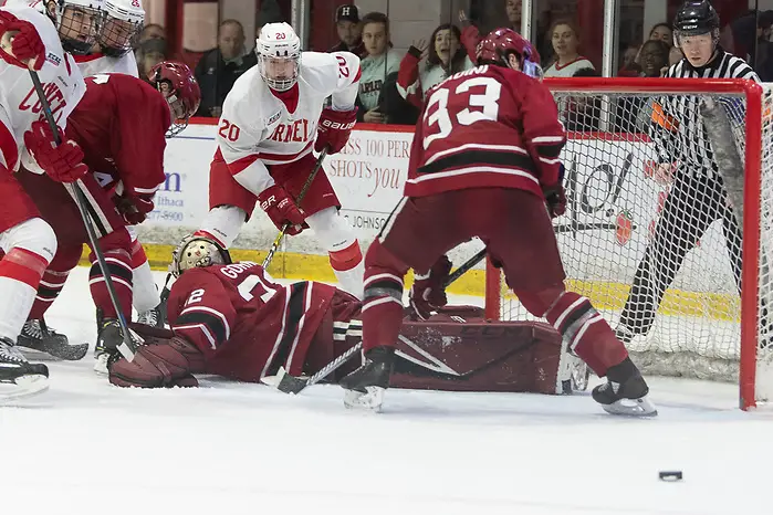 The puck slides harmlessly past the crease as Cornell put third period pressure on Harvard (2020 Omar Phillips)