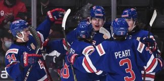 Team USA celebrates Matthew Knies' first-period goal (photo: Images On Ice/USA Hockey).